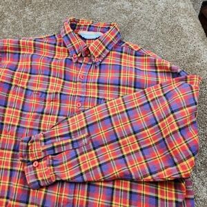 KEY LARGO Mens Plaid Flannel Button Shirt Red Purple Yellow Long Sleeve Size L